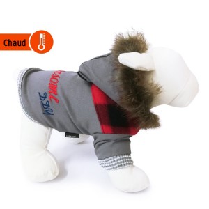 Manteau avec capuche à fourrure et flanelle rouge et noir AWESOME | Petit chien