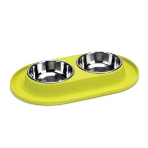 Gamelle double en inox sur support en silicone jaune | Petit chien et chat