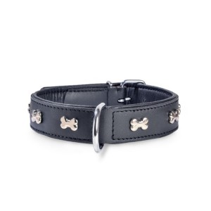 Collier spécial Bouledogue cuir et os chromé | BOBBY | Noir