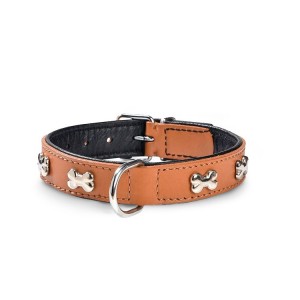Collier pour chien en cuir et os chromé | BOBBY | Beige