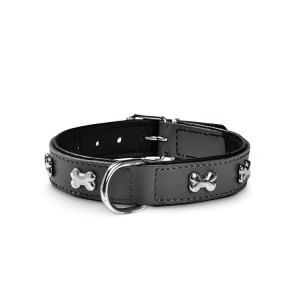 Collier pour chien cuir et os chromé | BOBBY | Noir