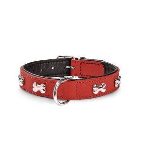 Collier pour chien cuir et os chromé | BOBBY | Rouge