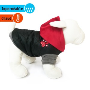 Manteau matelassé noir avec capuche rouge polaire | Petit chien