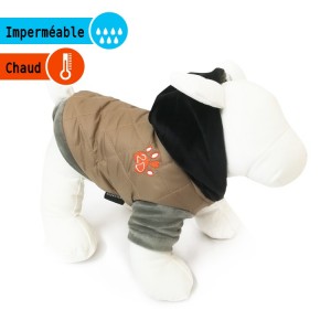 Manteau matelassé beige avec capuche noire polaire | Petit chien