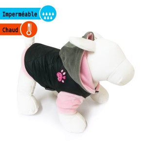 Manteau matelassé noir avec capuche rose polaire | Petit chien