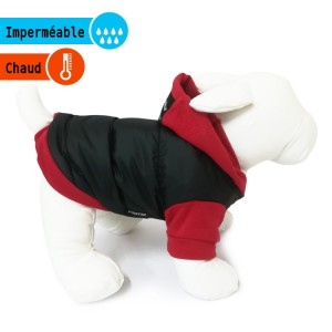 Manteau molletonné noir doublé polaire avec capuche rouge | Petit chien