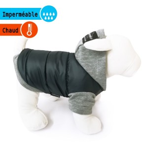 Manteau molletonné noir doublé polaire avec capuche grise | Petit chien