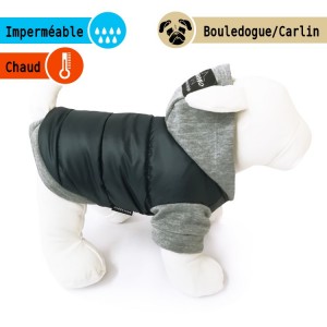 Manteau molletonné doublé polaire noir avec capuche grise | Bouledogue et Carlin