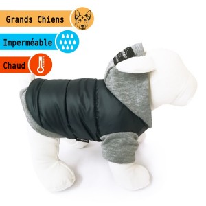 Manteau molletonné noir avec capuche grise | Grands chiens