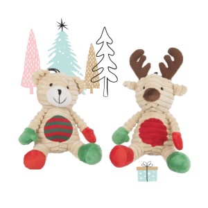 2 Peluches jouet de Noël Ours et Renne avec bruiteur | Jouet pour chien et chiot | 18 cm