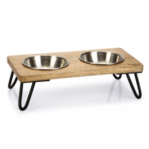 Gamelle pour chat avec support double en bois et acier LINGA